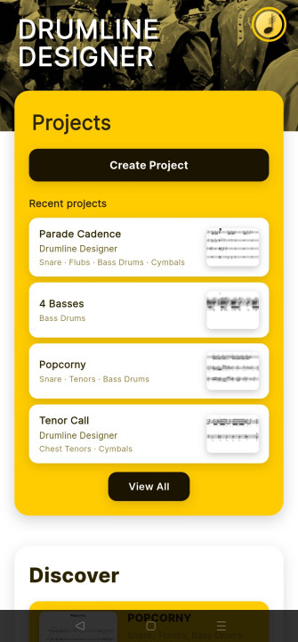 First part of the home page of Drumline Designer