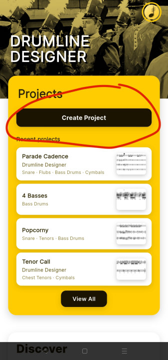 Tap create project in Drumline Designer
